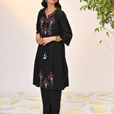 Left side view of Harleen Ivory with Black Embroidered Cotton Linen Kurta Set