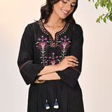 Part front-view of Harleen Ivory with Black Embroidered Cotton Linen Kurta Set