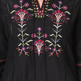 Close-up view of Harleen Ivory with Black Embroidered Cotton Linen Kurta's embroidery work