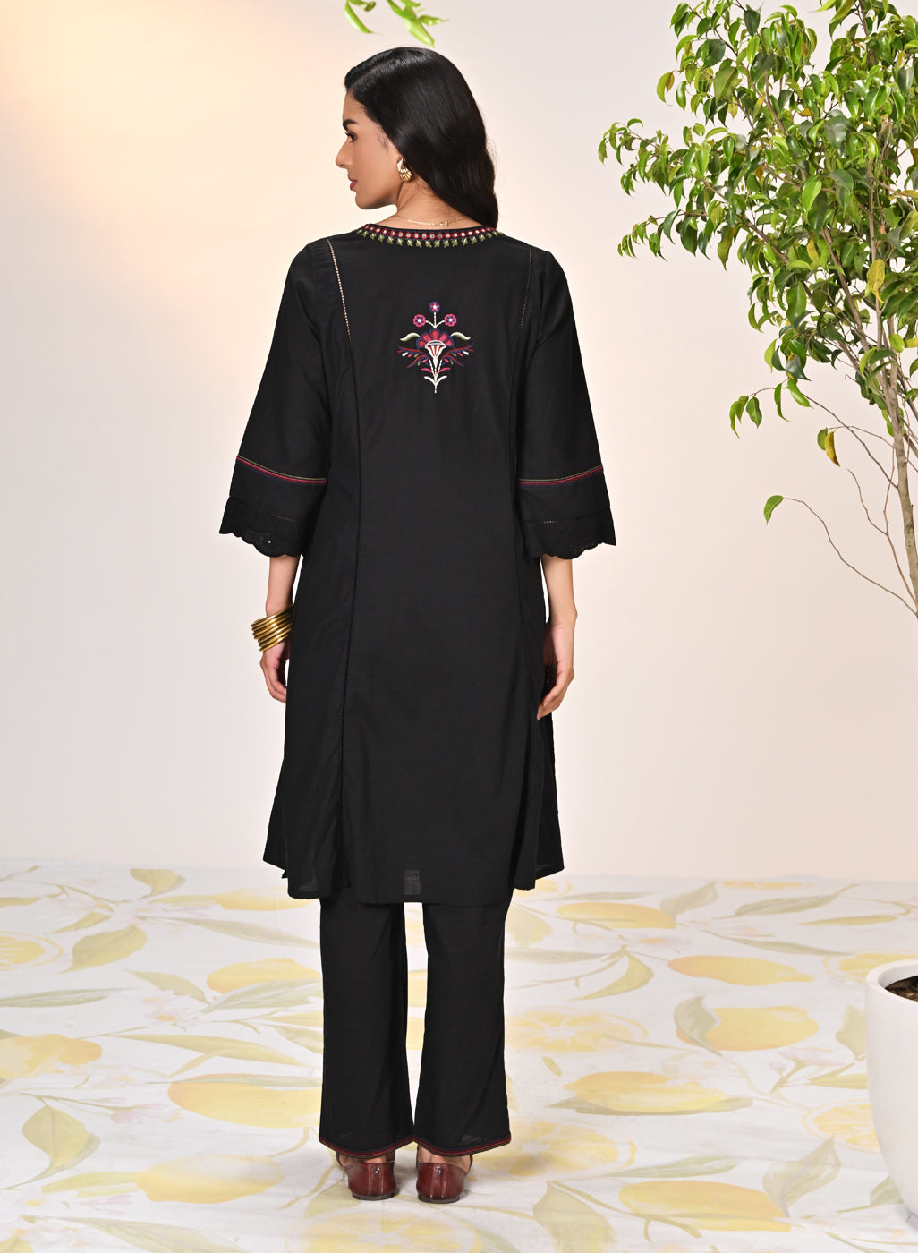 Back view of Harleen Ivory with Black Embroidered Cotton Linen Kurta Set