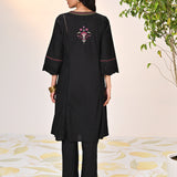 Back view of Harleen Ivory with Black Embroidered Cotton Linen Kurta Set