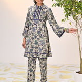 Ramsha Beige with Blue Printed Viscose Rayon Co-ord Set for Women