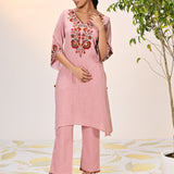 Kamali Oyster Pink Embroidered Cotton Linen Slub Designer Kurta Set for Women