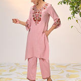 Kamali Oyster Pink Embroidered Cotton Linen Slub Designer Kurta Set for Women