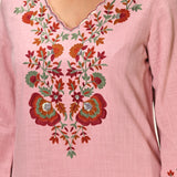Kamali Oyster Pink Embroidered Cotton Linen Slub Designer Kurta Set for Women