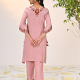 Kamali Oyster Pink Embroidered Cotton Linen Slub Designer Kurta Set for Women