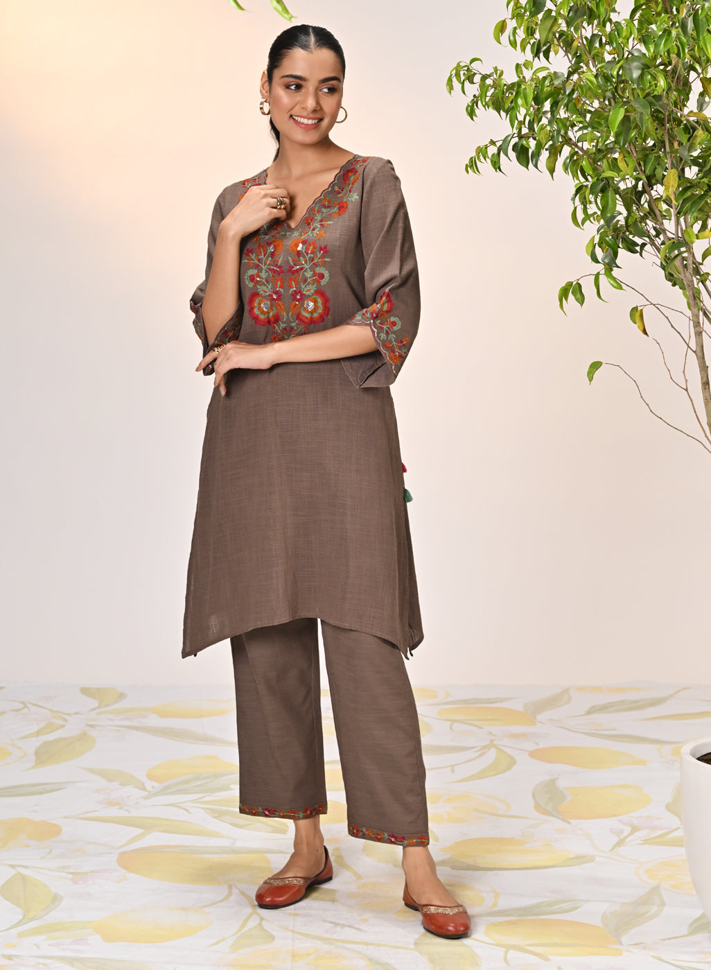 Low angle view of Kamali Umber Embroidered Cotton Linen Slub Designer Kurta Set