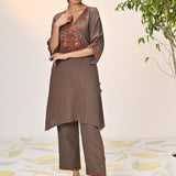 Low angle view of Kamali Umber Embroidered Cotton Linen Slub Designer Kurta Set