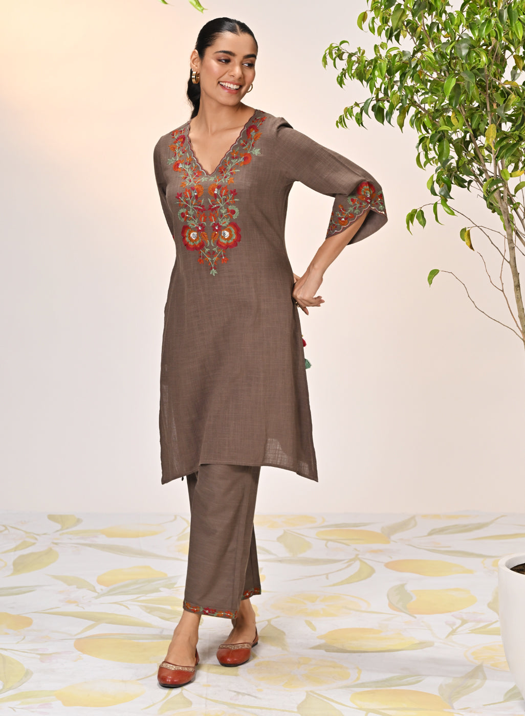 Full view of Kamali Umber Embroidered Cotton Linen Slub Designer Kurta Set