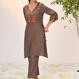 Full view of Kamali Umber Embroidered Cotton Linen Slub Designer Kurta Set