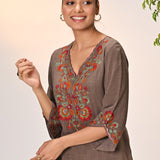 Kamali Umber Embroidered Cotton Linen Slub Designer Kurta Set for Women