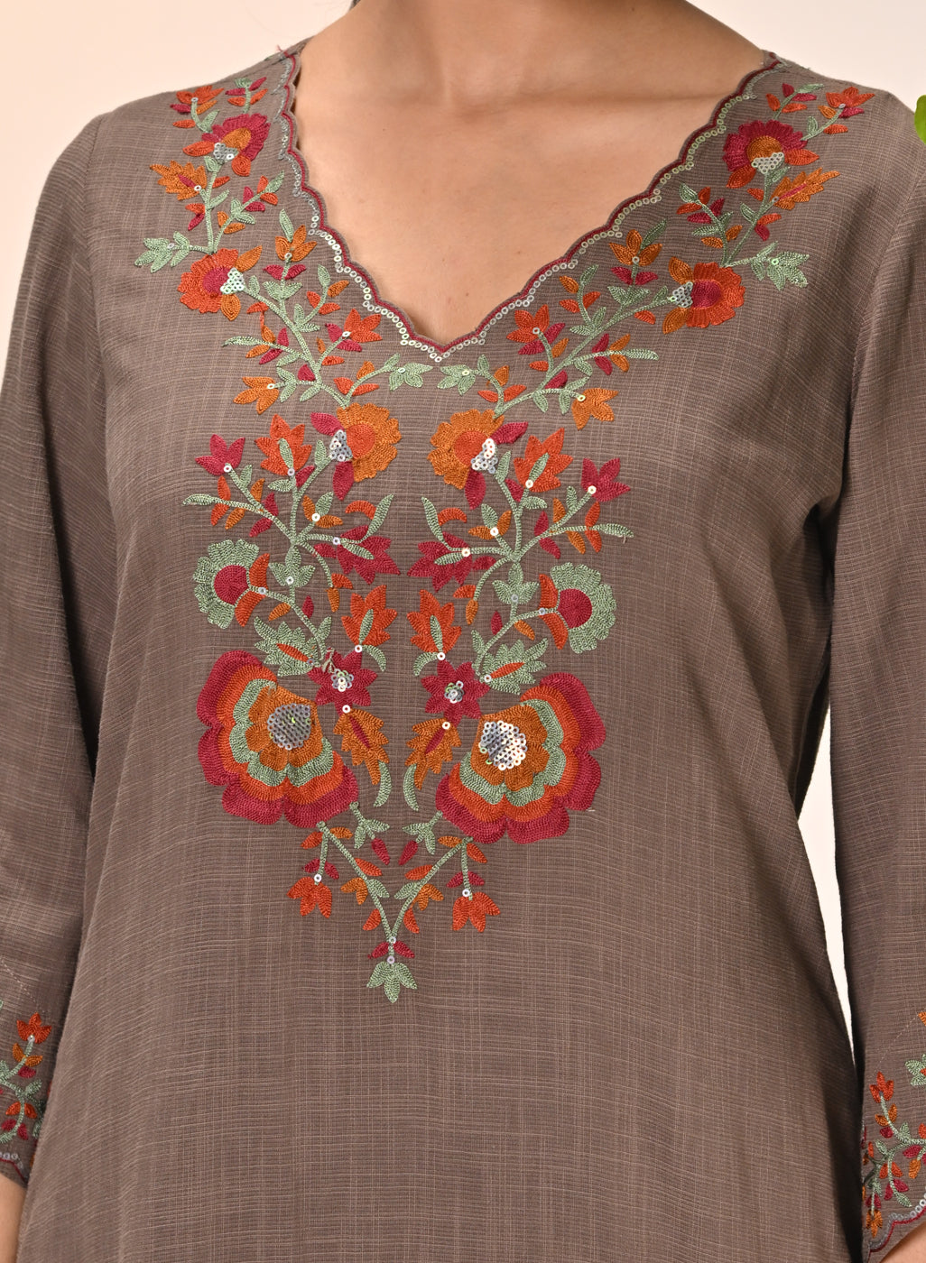 Close up view of Kamali Umber Embroidered Cotton Linen Slub Designer Kurta