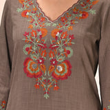 Close up view of Kamali Umber Embroidered Cotton Linen Slub Designer Kurta