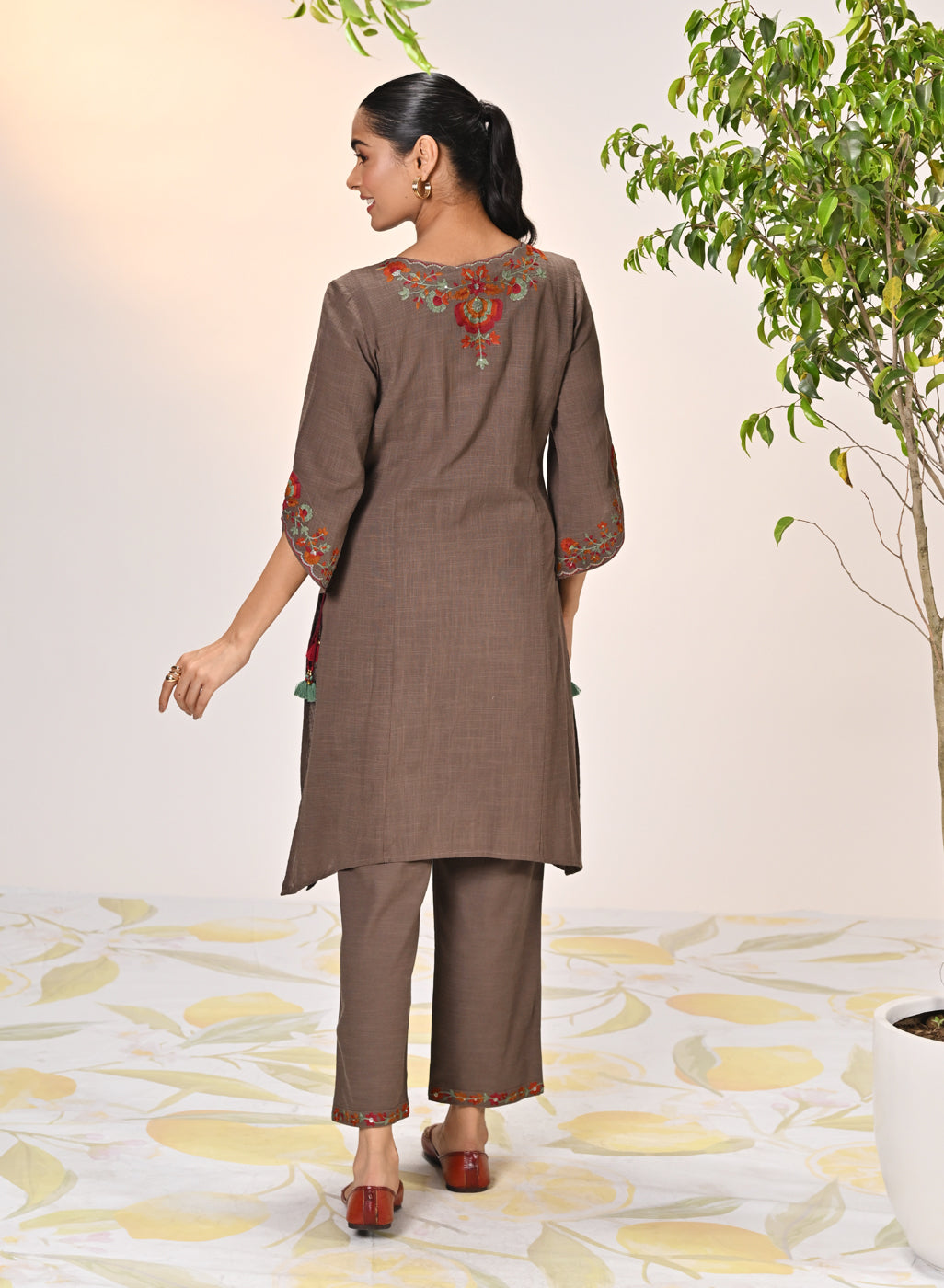 Back view of Kamali Umber Embroidered Cotton Linen Slub Designer Kurta Set