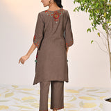 Back view of Kamali Umber Embroidered Cotton Linen Slub Designer Kurta Set