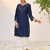 Zayna Navy Blue Embroidered Cotton Linen Designer Kurta for Women