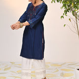 Zayna Navy Blue Embroidered Cotton Linen Designer Kurta for Women