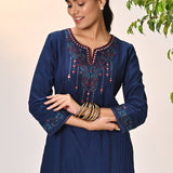 Zayna Navy Blue Embroidered Cotton Linen Designer Kurta for Women