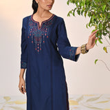 Zayna Navy Blue Embroidered Cotton Linen Designer Kurta for Women