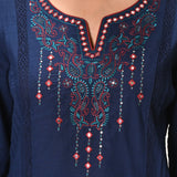 Zayna Navy Blue Embroidered Cotton Linen Designer Kurta for Women