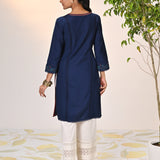 Zayna Navy Blue Embroidered Cotton Linen Designer Kurta for Women