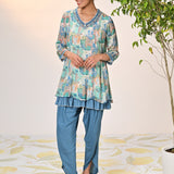 Falak Multicoloured Blue Printed Chiffon Tunic Set for Women