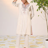 Zayna Ivory Embroidered Cotton Linen Designer Kurta for Women