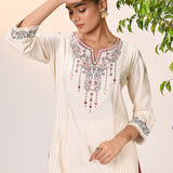 Zayna Ivory Embroidered Cotton Linen Designer Kurta for Women