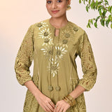 Inaara Moss Green Embroidered Raschel Net Dress For Women