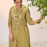 Inaara Moss Green Embroidered Raschel Net Dress For Women