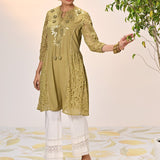 Inaara Moss Green Embroidered Raschel Net Dress For Women