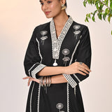 Zainab Black Embroidered Cotton Linen Indo-western Dress for Women