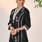 Zainab Black Embroidered Cotton Linen Indo-western Dress for Women