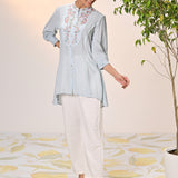 Maha Powder Blue Embroidered Crinkled Crepe Shirt for Women