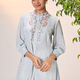 Maha Powder Blue Embroidered Crinkled Crepe Shirt for Women