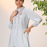 Maha Powder Blue Embroidered Crinkled Crepe Shirt for Women