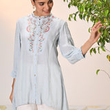 Maha Powder Blue Embroidered Crinkled Crepe Shirt for Women