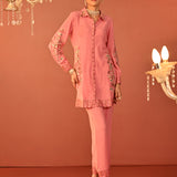 Sabeena Pink Embroidered Cotton Linen Co-ord Set for Women