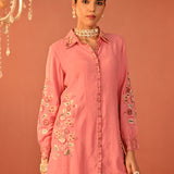 Sabeena Pink Embroidered Cotton Linen Co-ord Set for Women