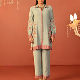 Sabeena Sea Blue Embroidered Cotton Linen Co-ord Set for Women