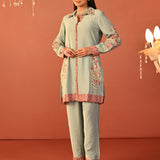 Sabeena Sea Blue Embroidered Cotton Linen Co-ord Set for Women