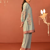 Sabeena Sea Blue Embroidered Cotton Linen Co-ord Set for Women