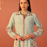 Sabeena Sea Blue Embroidered Cotton Linen Co-ord Set for Women