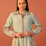 Sabeena Sea Blue Embroidered Cotton Linen Co-ord Set for Women