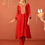 Raima Red Embroidered Rayon Kurta Set for Women