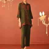 Alishay Army Green Embroidered Rayon Co-ord Set for Women