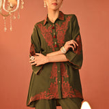 Alishay Army Green Embroidered Rayon Co-ord Set for Women