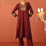 Ziana Wine Embroidered Chanderi Jacquard Kurta Set for Women