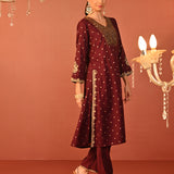 Ziana Wine Embroidered Chanderi Jacquard Kurta Set for Women