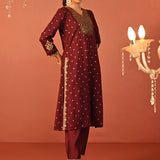 Ziana Wine Embroidered Chanderi Jacquard Kurta Set for Women